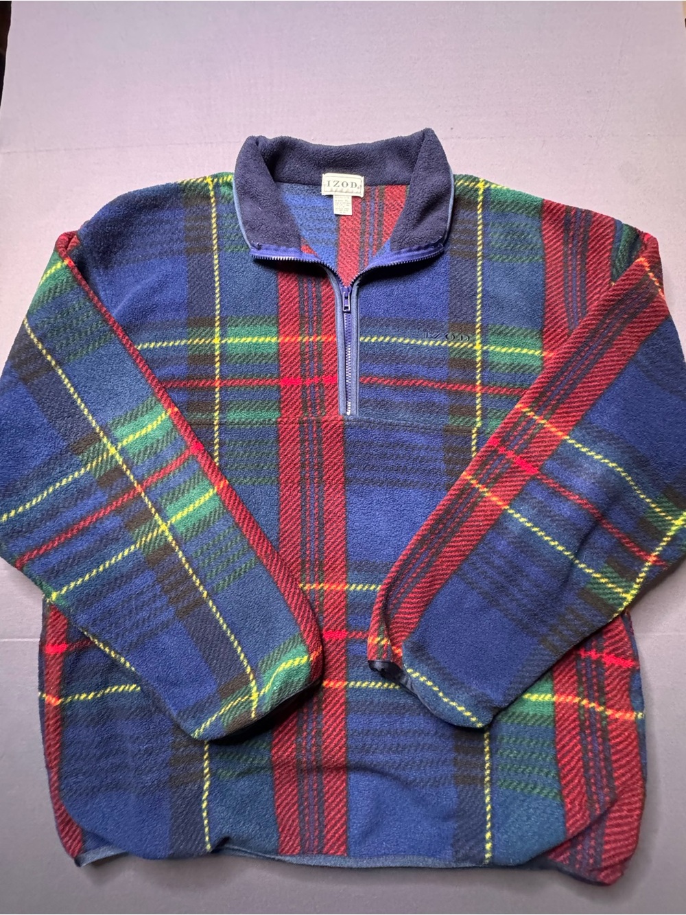 Vtg 90s IZOD Quarter Zip Plaid Fleece Sweater XL 1271